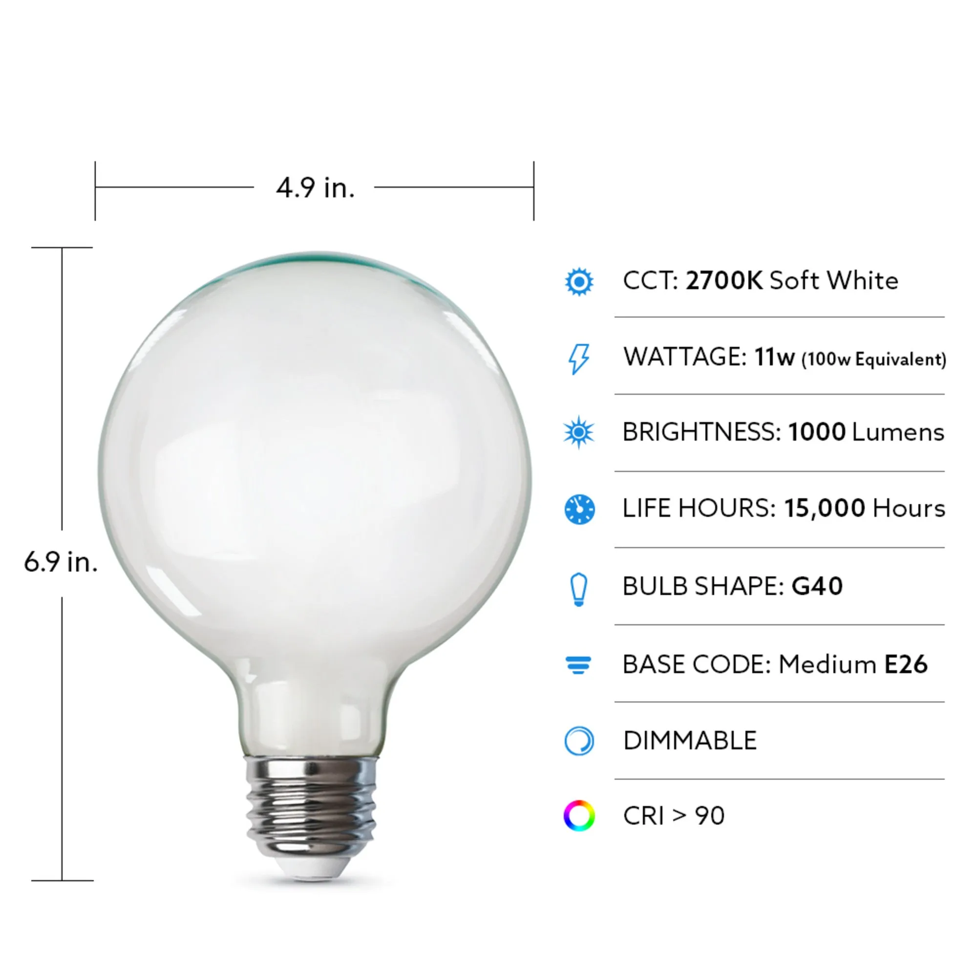 11W (100W Replacement) G40 E26 Dimmable Frosted Glass Vintage Edison LED Light Bulb, Soft White