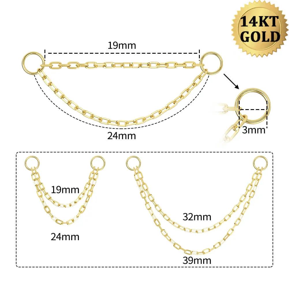 14K Solid Gold Double Chain Cartilage Earring