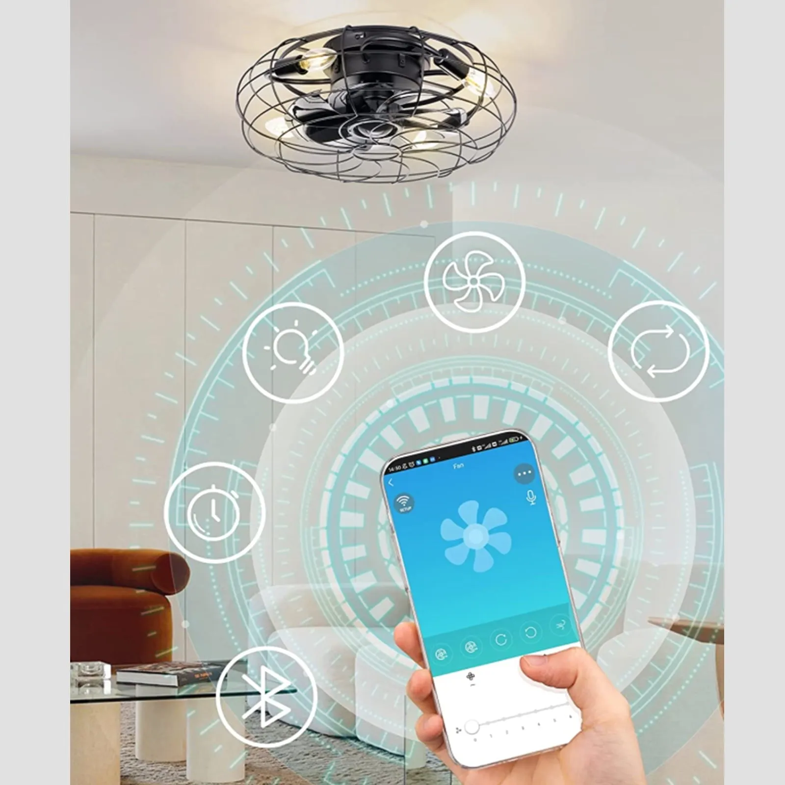 18' Black Flush Mount Ceiling Fan Lights with Remote Control, Indoor Retro Low Profile Caged Ceiling Fan with Lights Ideal for Bedroom Kitchen Dining Room