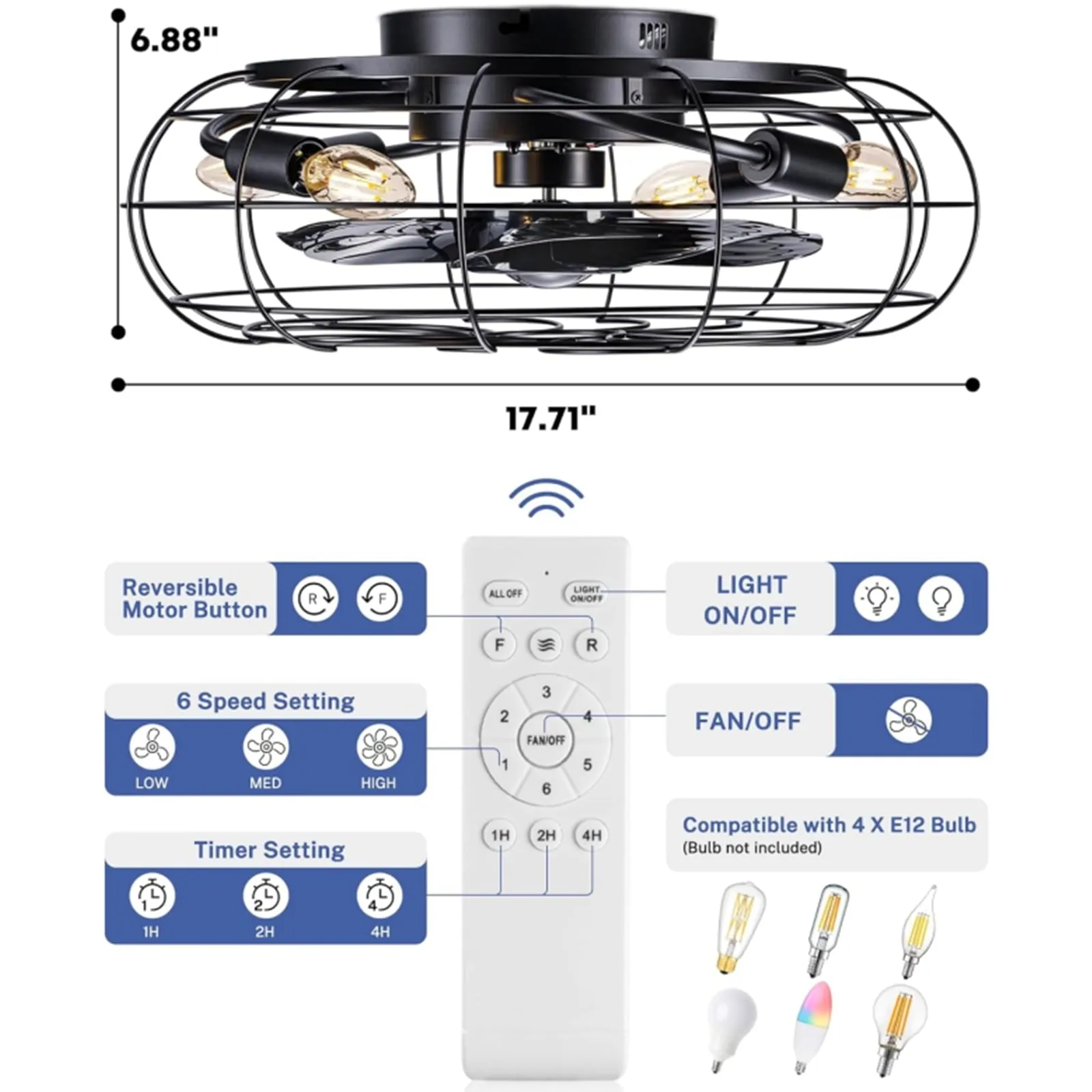 18' Black Flush Mount Ceiling Fan Lights with Remote Control, Indoor Retro Low Profile Caged Ceiling Fan with Lights Ideal for Bedroom Kitchen Dining Room