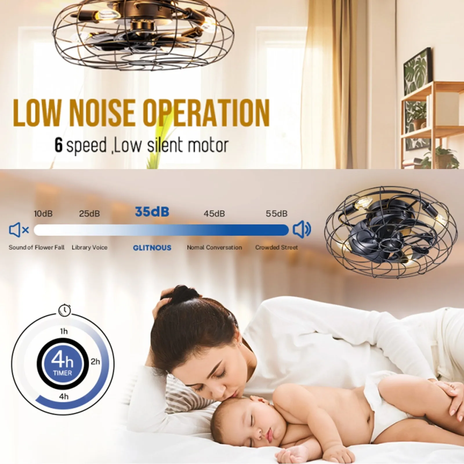 18' Black Flush Mount Ceiling Fan Lights with Remote Control, Indoor Retro Low Profile Caged Ceiling Fan with Lights Ideal for Bedroom Kitchen Dining Room