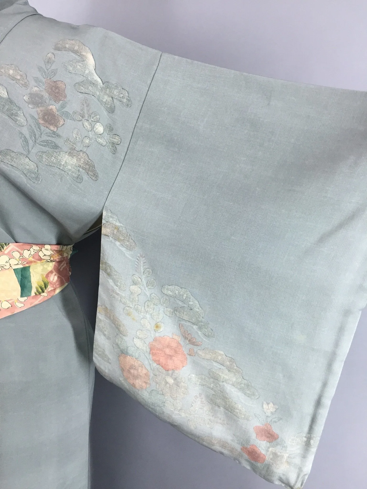 1950s Vintage Kimono Robe with Embroidered Blue-Green Floral Print