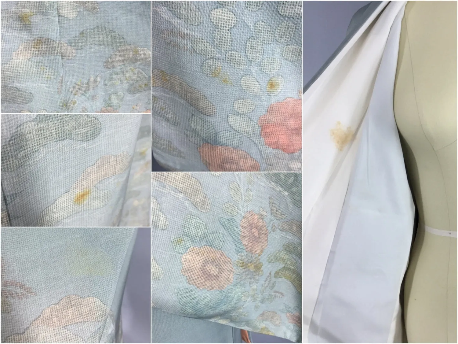 1950s Vintage Kimono Robe with Embroidered Blue-Green Floral Print