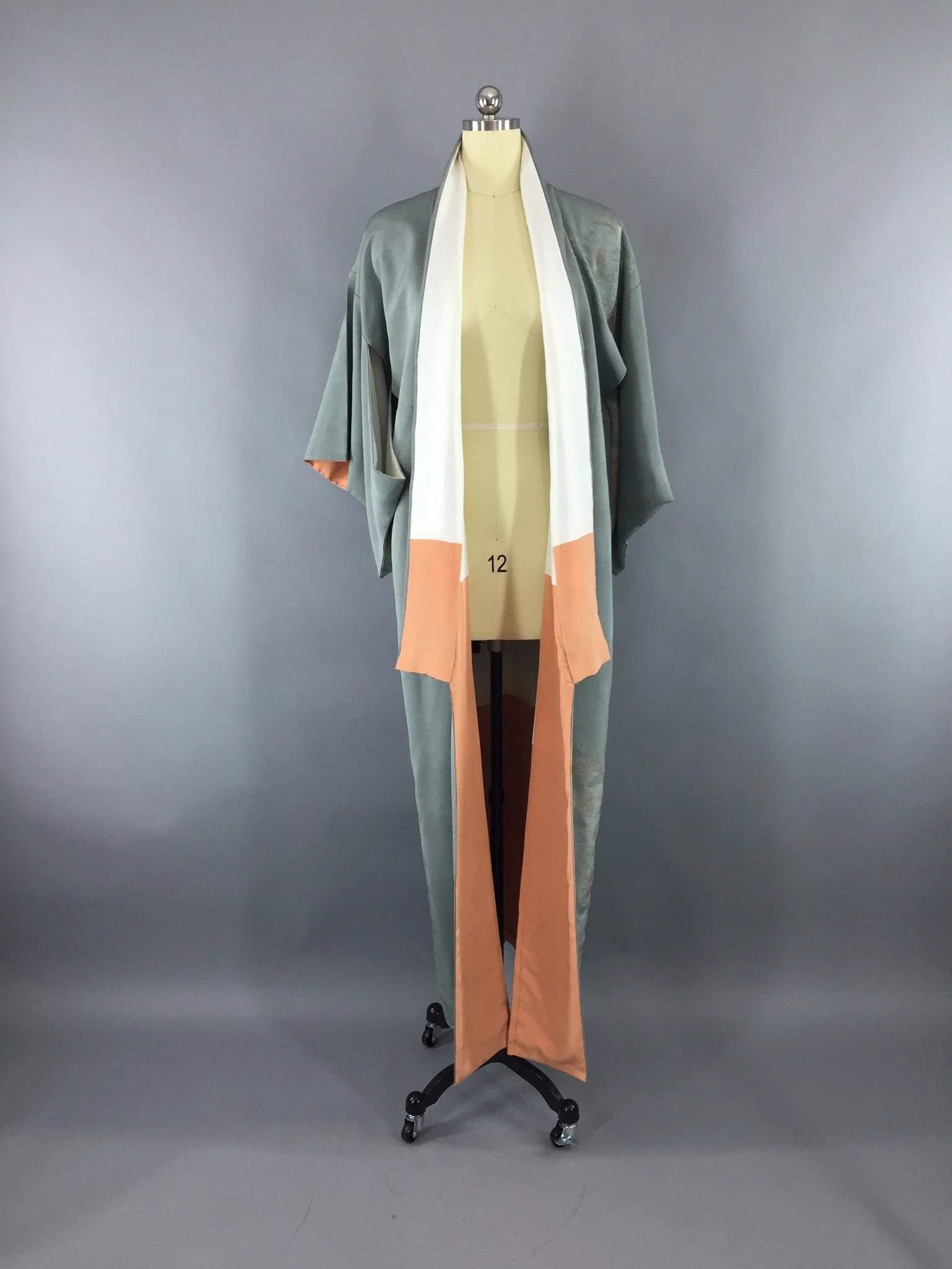 1950s Vintage Kimono Robe with Embroidered Blue-Green Floral Print
