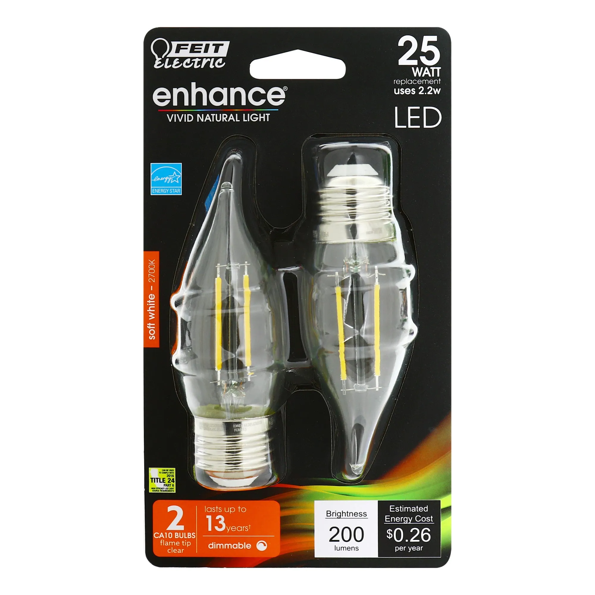 2.2W (25W Replacement) Soft White (2700K) E26 Base CA10 Dimmable Decorative Enhance LED Filament Bulb (2-Pack)
