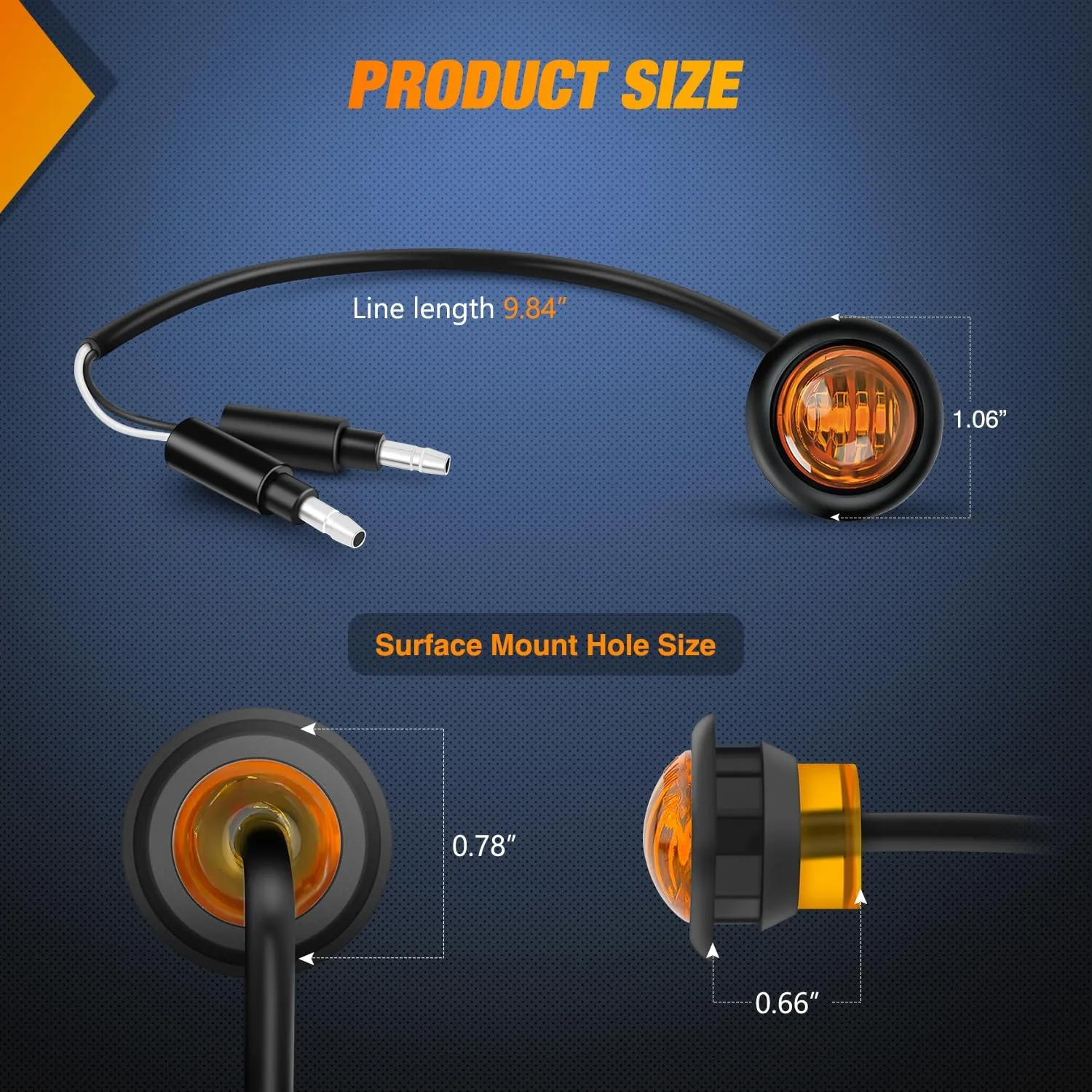 3/4 inch Amber Round LED Marker Lights 2 Connectors (10 Pcs)