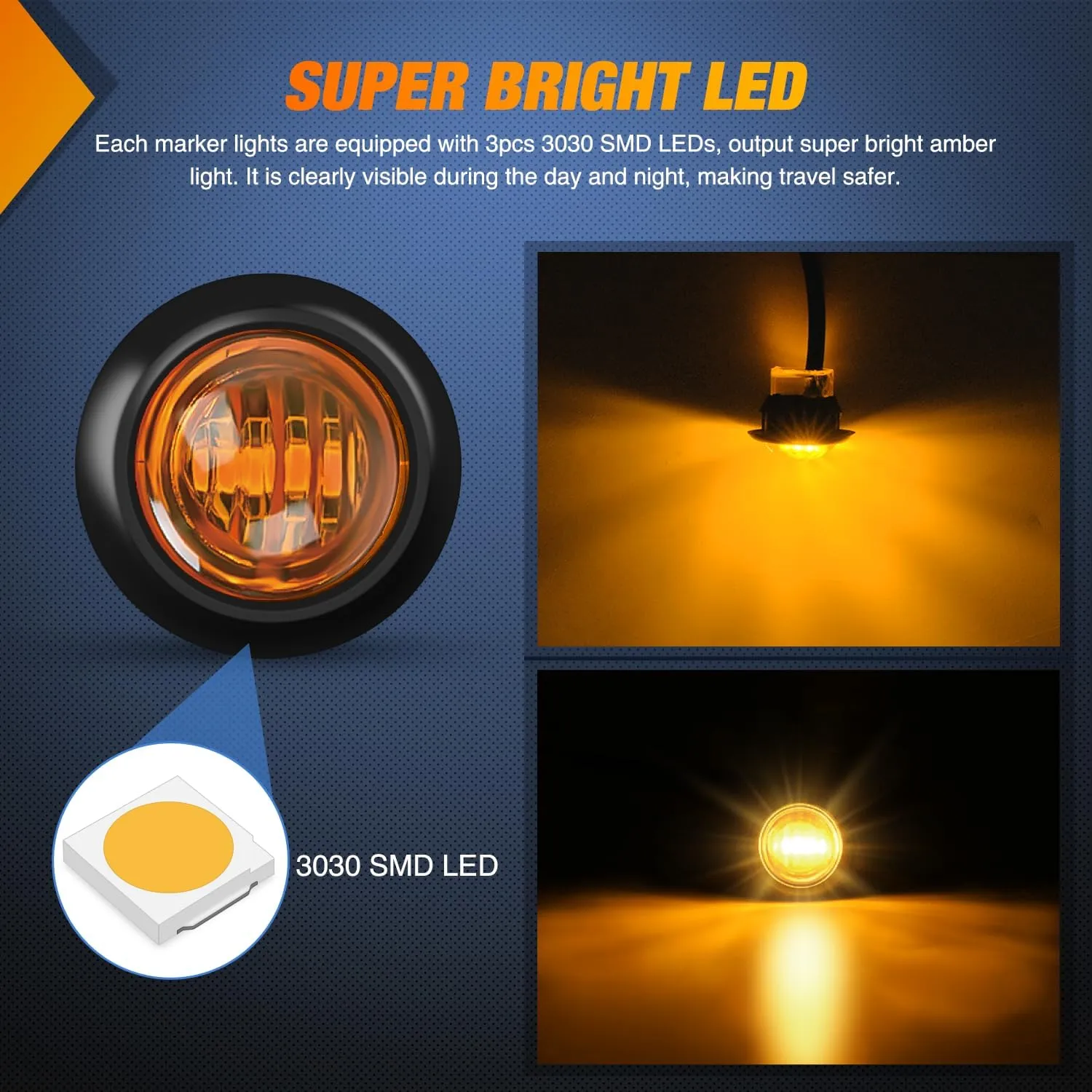 3/4 inch Amber Round LED Marker Lights 2 Connectors (10 Pcs)