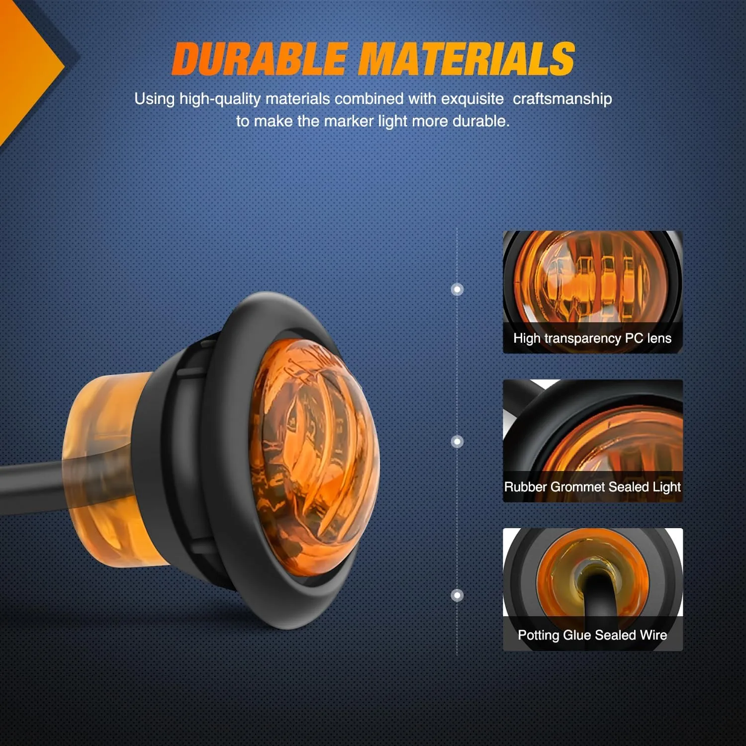 3/4 inch Amber Round LED Marker Lights 2 Connectors (10 Pcs)