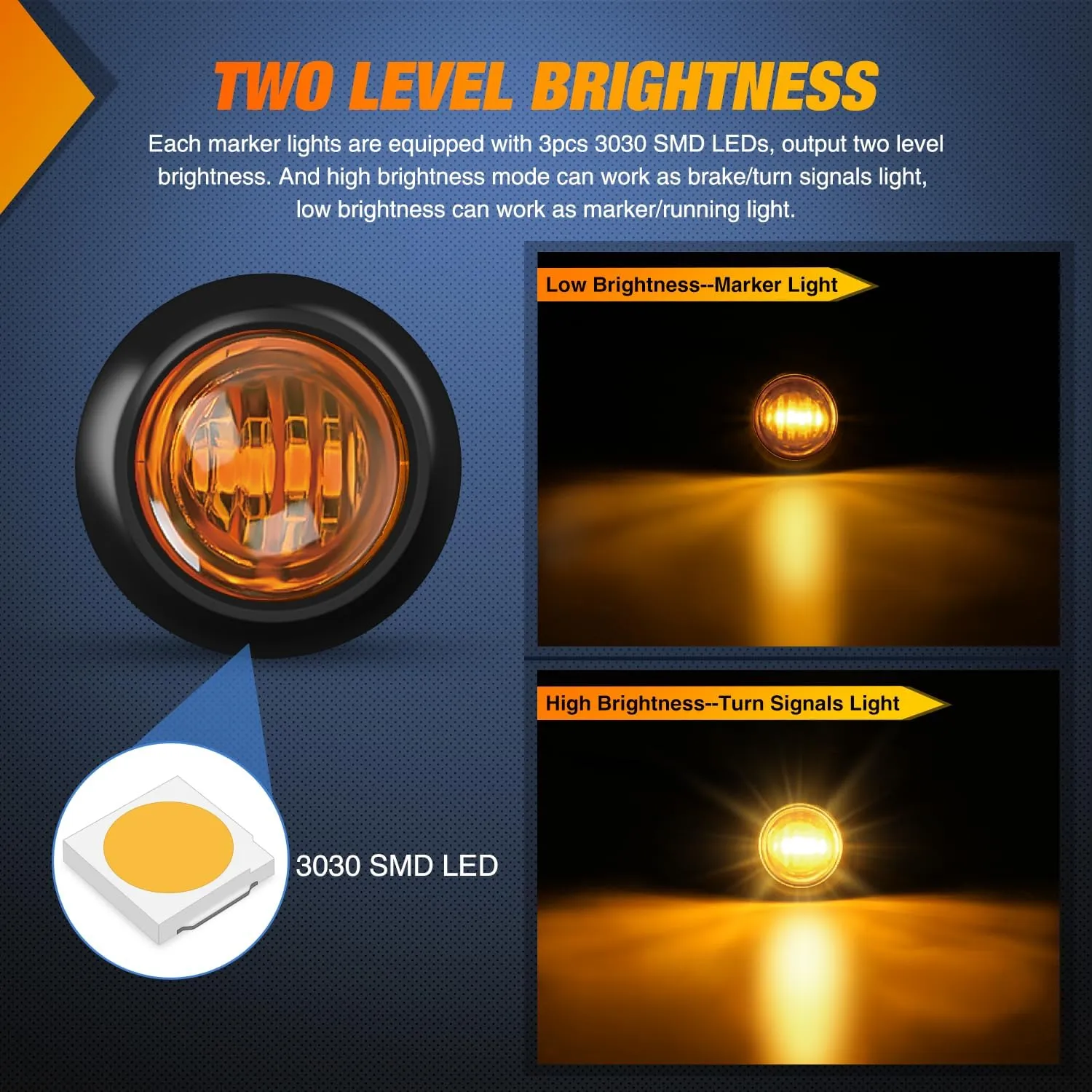 3/4 inch Amber Round LED Marker Lights 3 Connectors (10 Pcs)