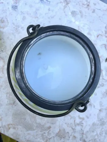 Antique Green White Swirl Satin Glass Silver Plate Rim Handle Lid Jar Container
