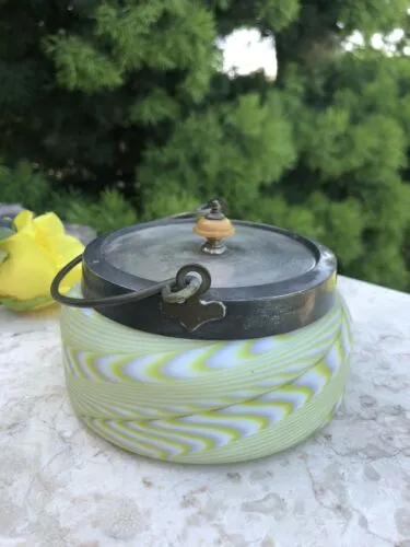 Antique Green White Swirl Satin Glass Silver Plate Rim Handle Lid Jar Container