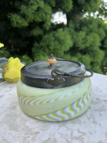 Antique Green White Swirl Satin Glass Silver Plate Rim Handle Lid Jar Container