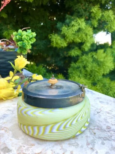 Antique Green White Swirl Satin Glass Silver Plate Rim Handle Lid Jar Container
