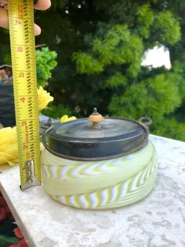 Antique Green White Swirl Satin Glass Silver Plate Rim Handle Lid Jar Container