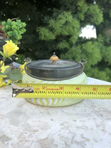 Antique Green White Swirl Satin Glass Silver Plate Rim Handle Lid Jar Container