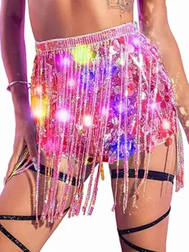 Asooll Light Up Sequin Shorts Pink Rave Outfits Fringe Skirts High Waist for Women