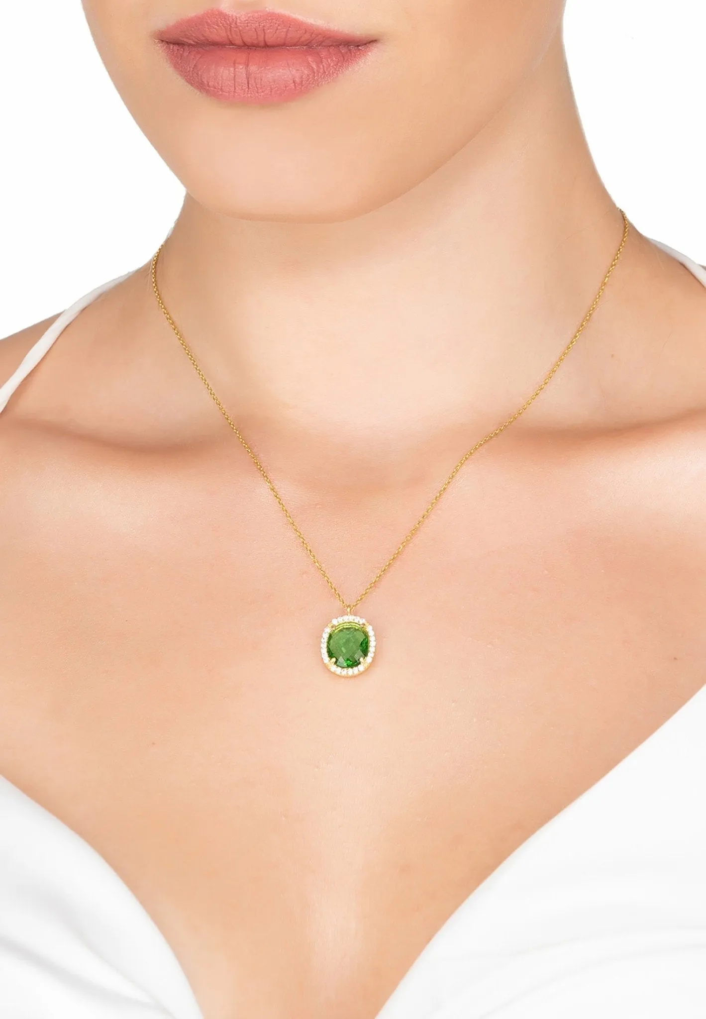 Beatrice Oval Gemstone Pendant Necklace Gold Green Amethyst