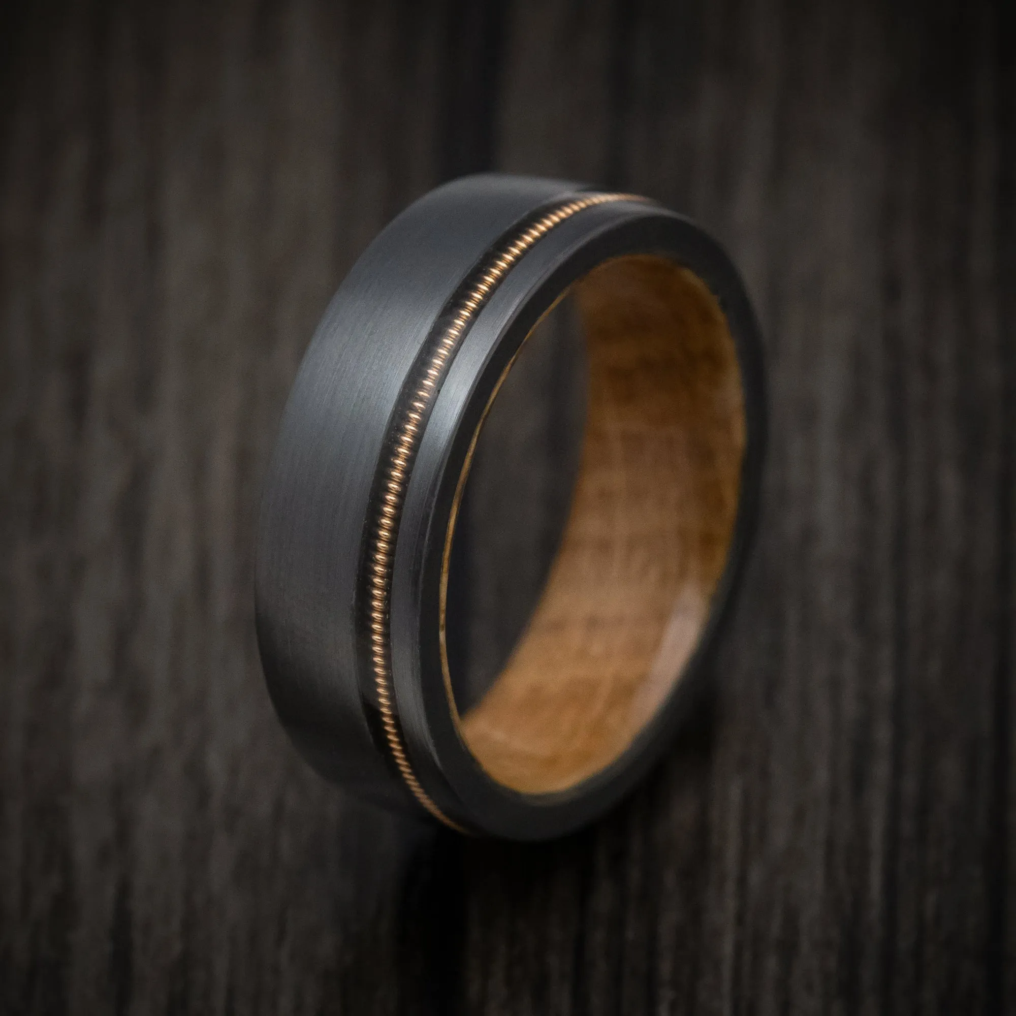 Black Titanium Guitar String Men's Ring With Whiskey Barrel Hardwood Sleeve Custom Made Band