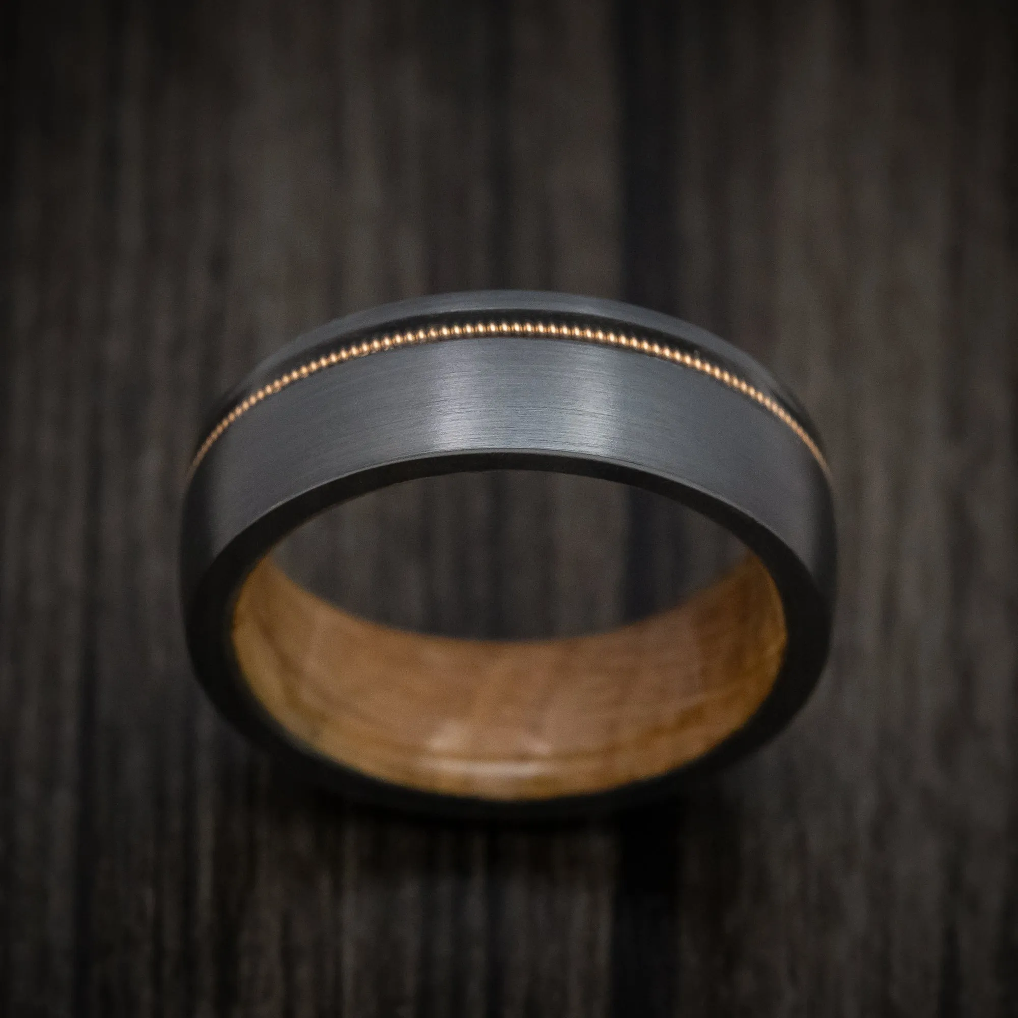 Black Titanium Guitar String Men's Ring With Whiskey Barrel Hardwood Sleeve Custom Made Band