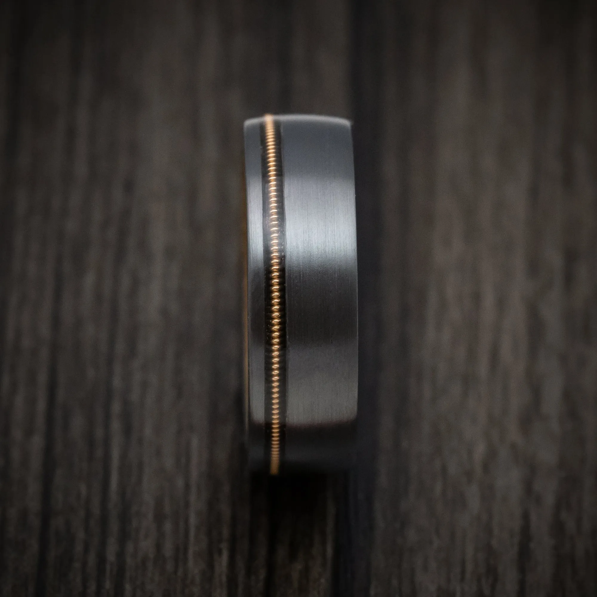 Black Titanium Guitar String Men's Ring With Whiskey Barrel Hardwood Sleeve Custom Made Band