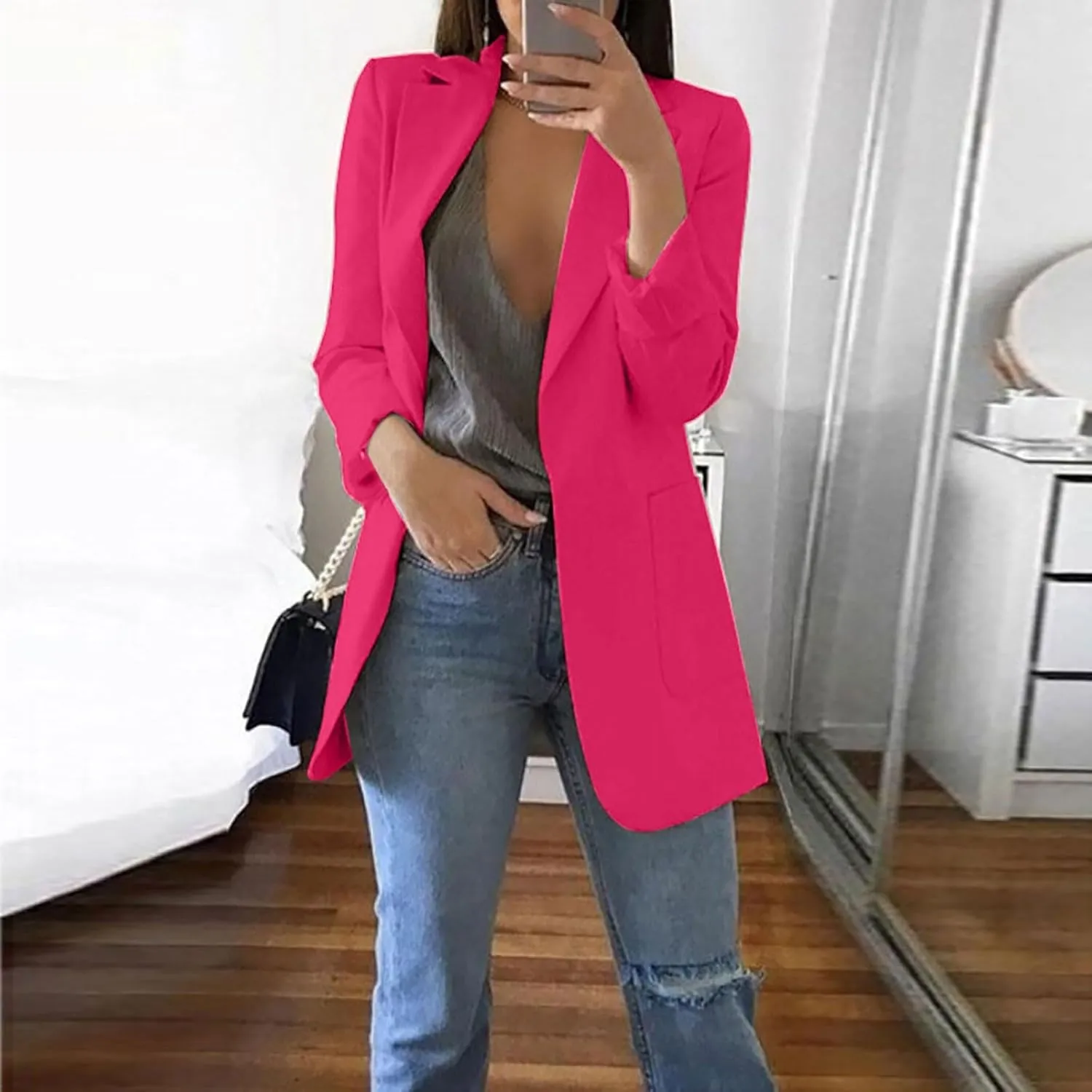 Blazers for Women Long Sleeve Button Open Front Blazer Jacket Solid/Hawaii Print Trendy Suite Coat with Pockets