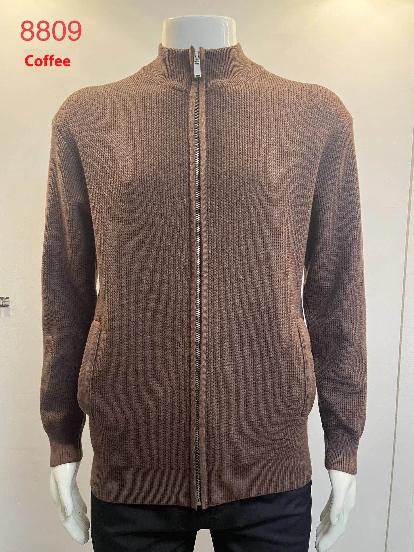 Cardigan Men's Sweater Zipper Solid Color Round Neck
