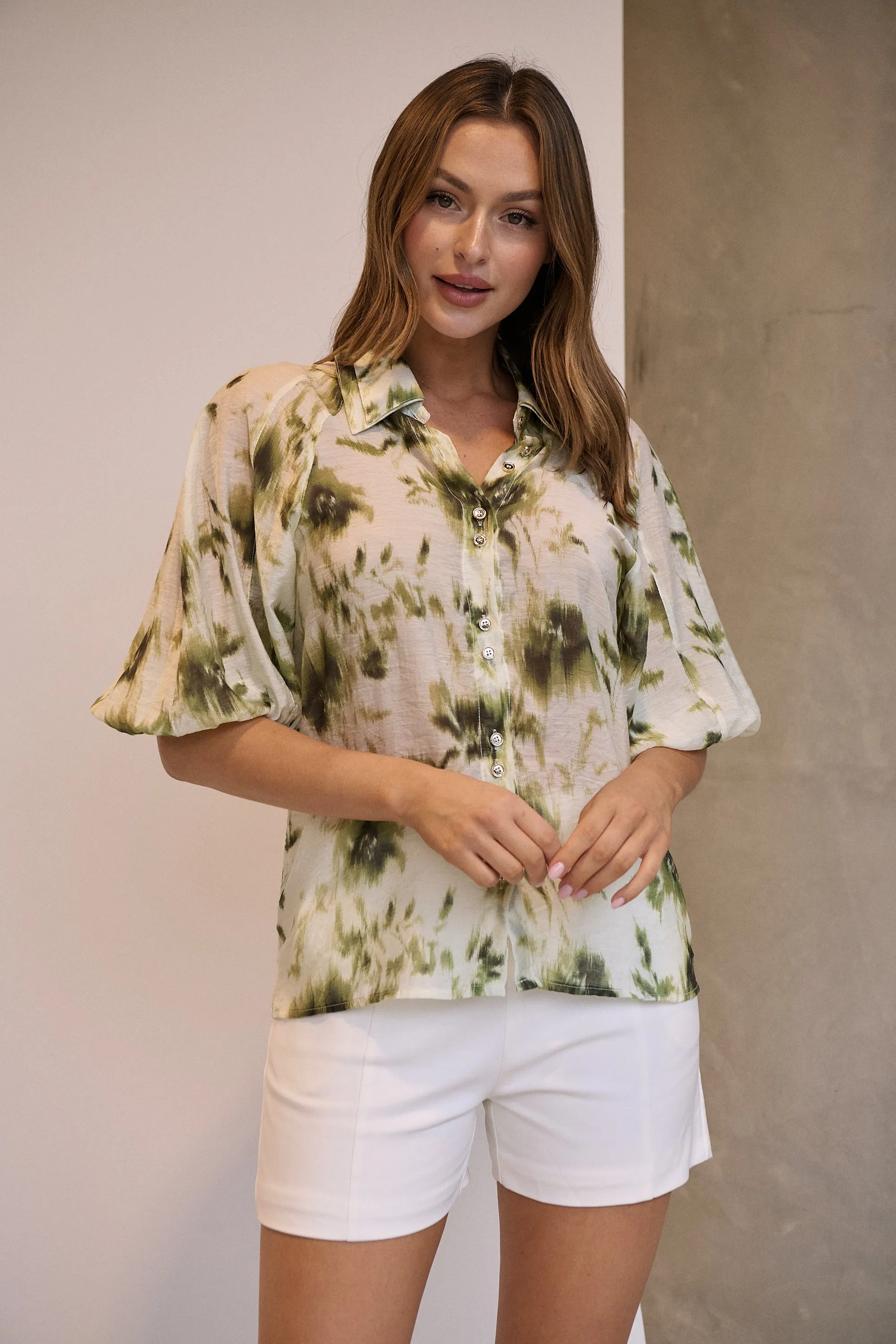 Frida Puff Sleeve Sage/Forrest Green Print Blouse