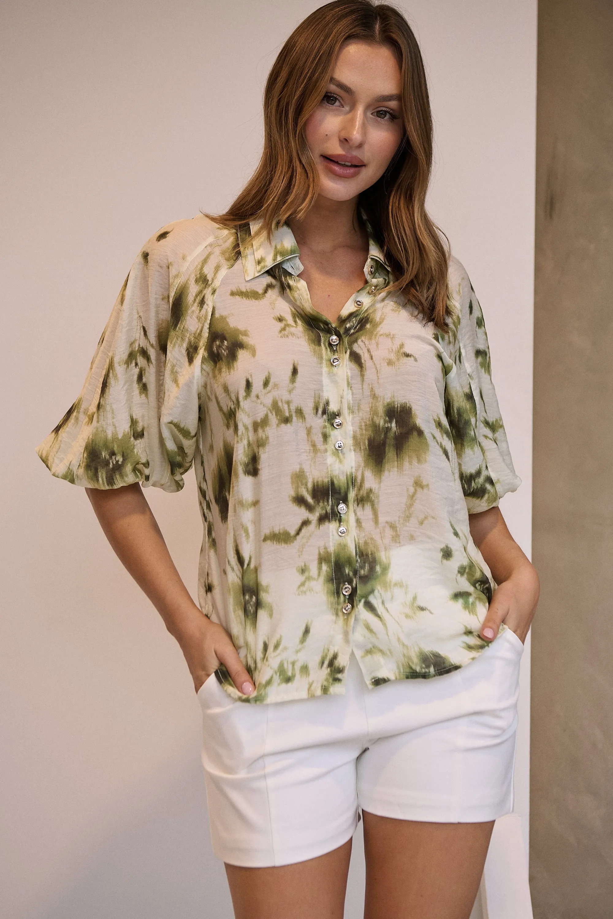 Frida Puff Sleeve Sage/Forrest Green Print Blouse