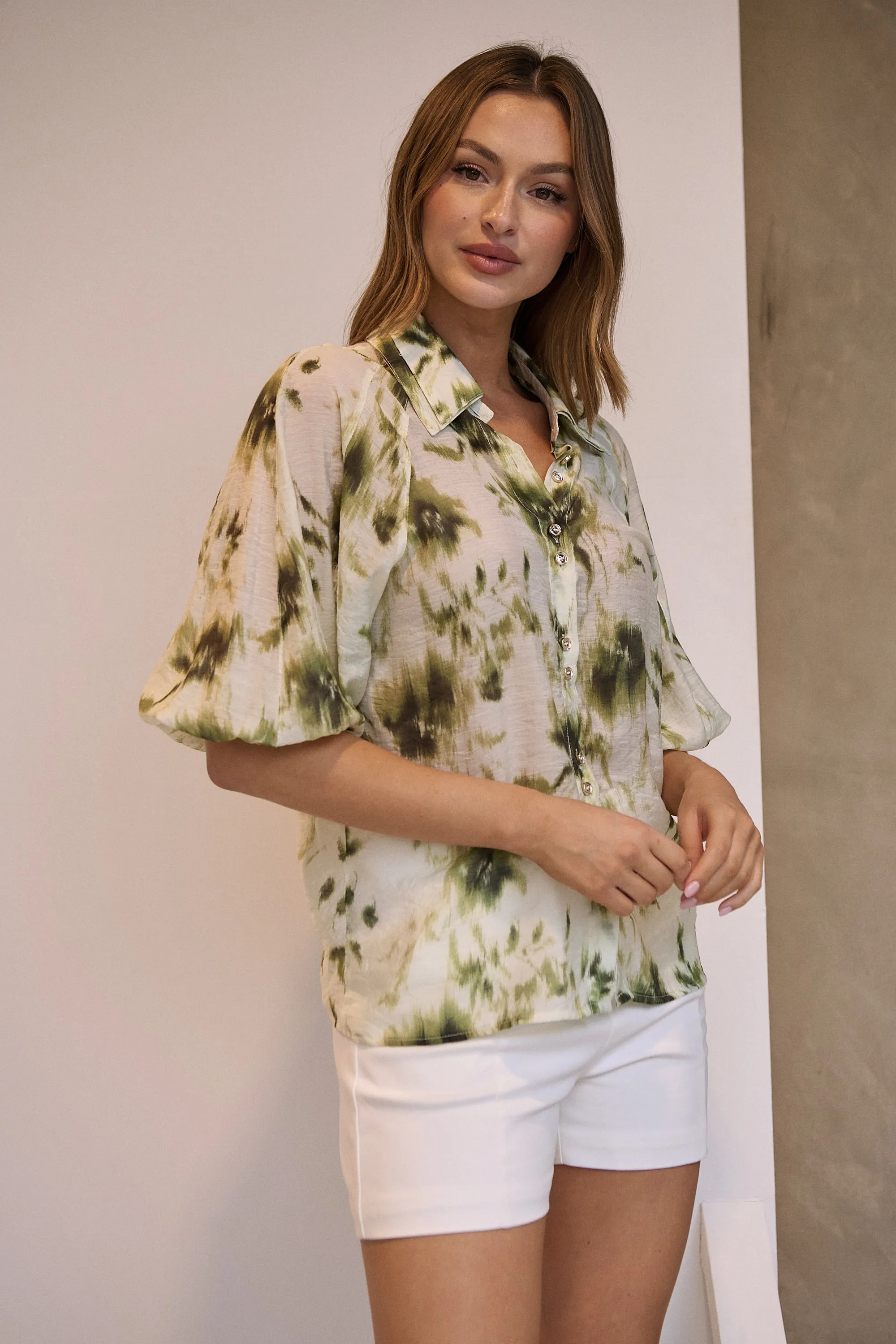 Frida Puff Sleeve Sage/Forrest Green Print Blouse