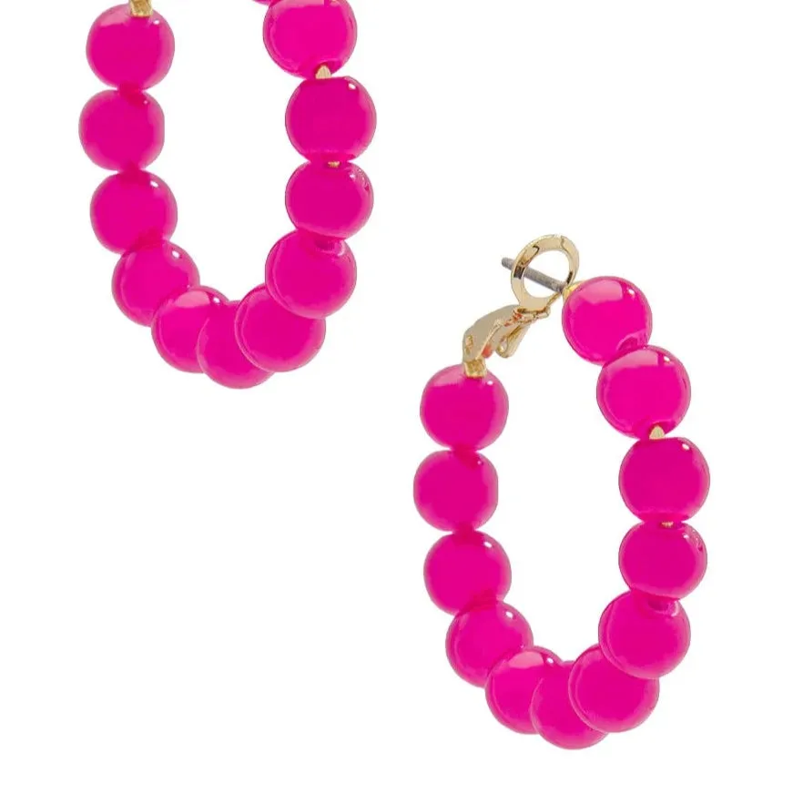 Glassy Bead Hoop Earrings, 1"