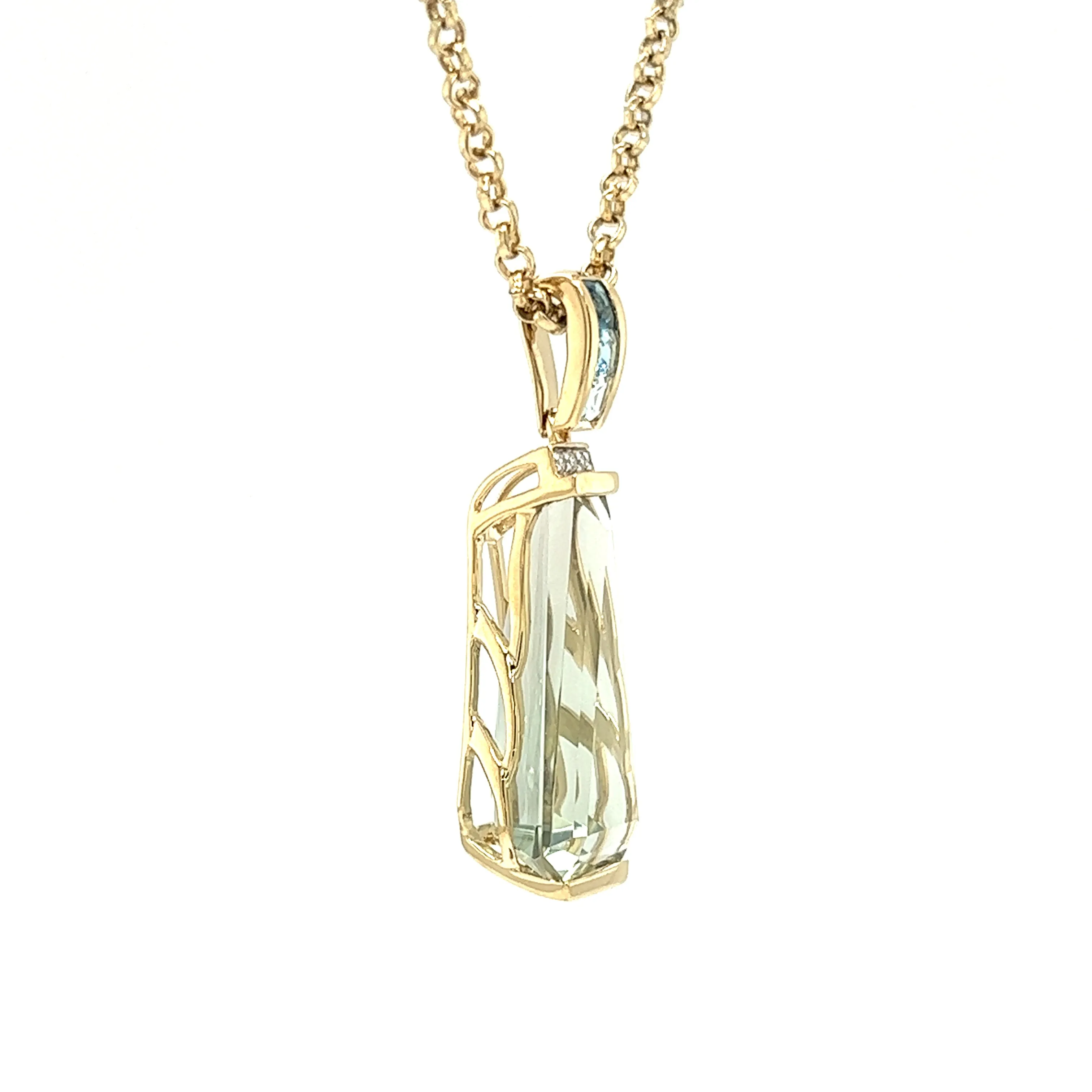 Green Amethyst Pendant with Blue Topaz and Diamond Accents in 14K Yellow Gold