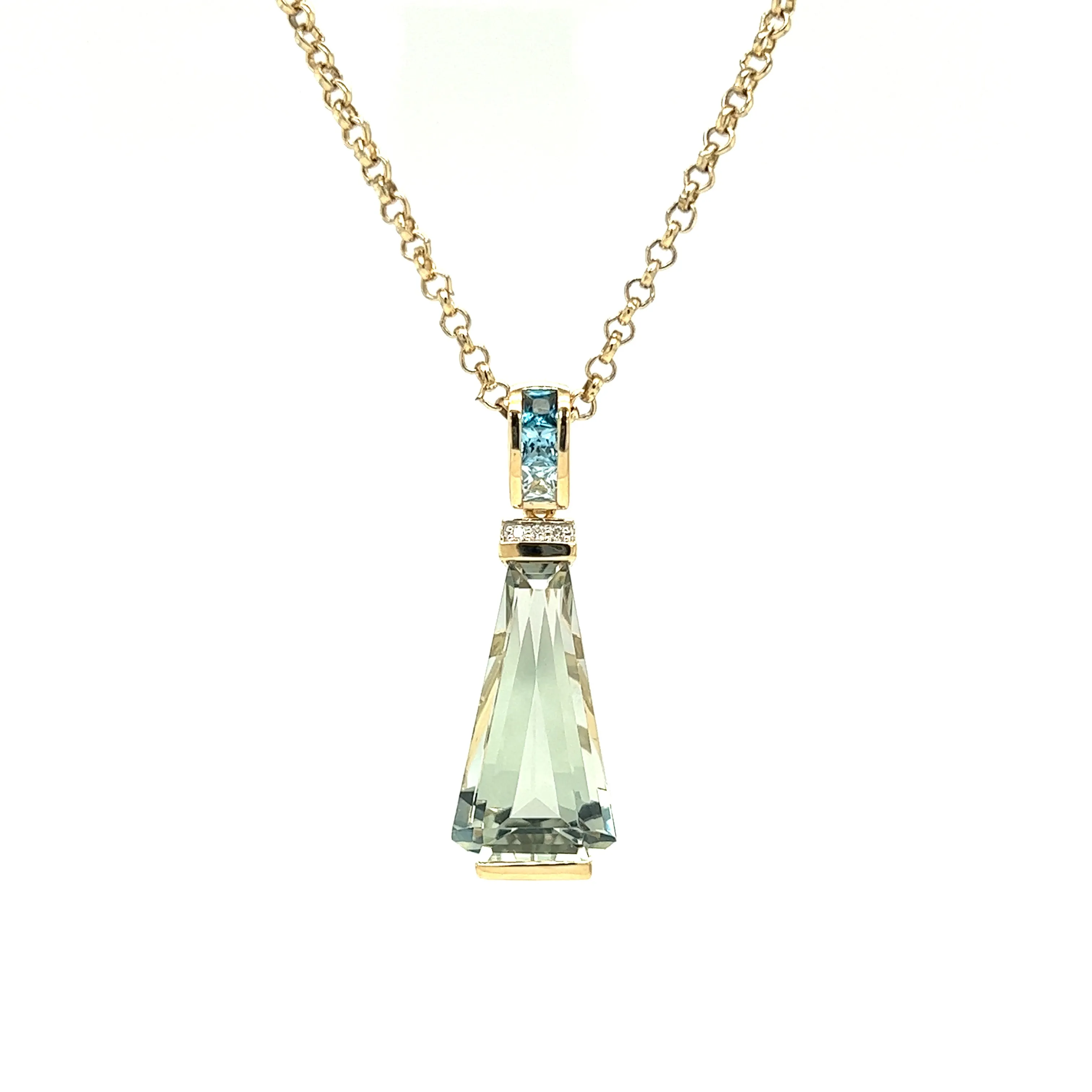 Green Amethyst Pendant with Blue Topaz and Diamond Accents in 14K Yellow Gold
