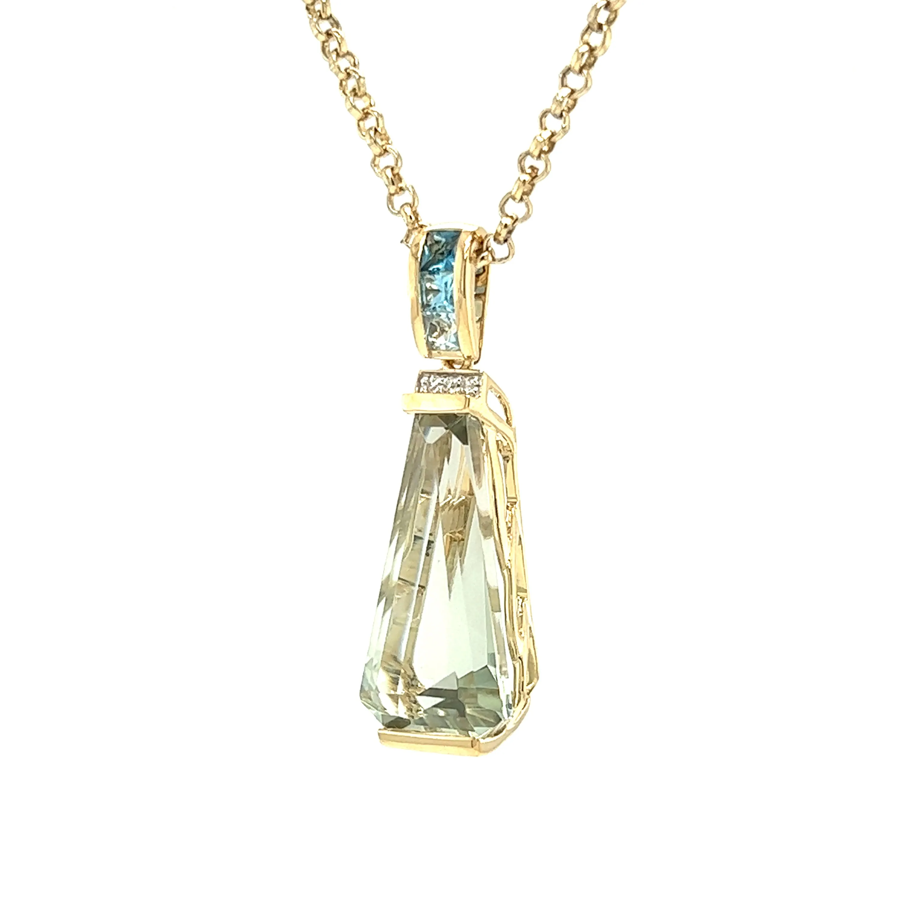 Green Amethyst Pendant with Blue Topaz and Diamond Accents in 14K Yellow Gold