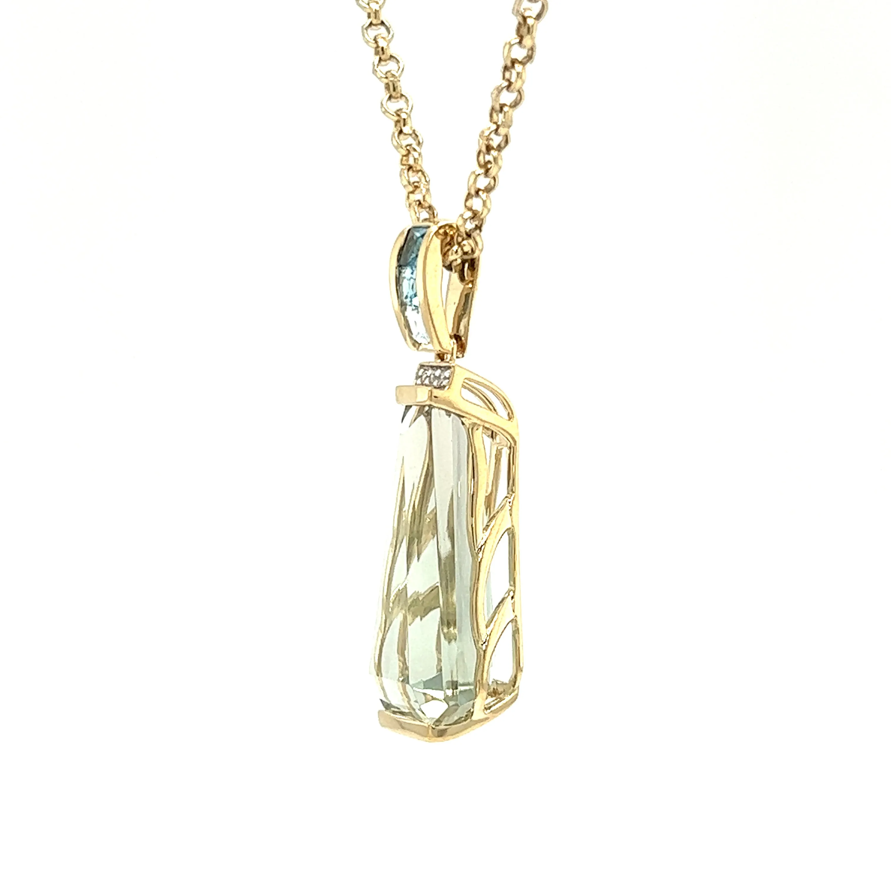Green Amethyst Pendant with Blue Topaz and Diamond Accents in 14K Yellow Gold