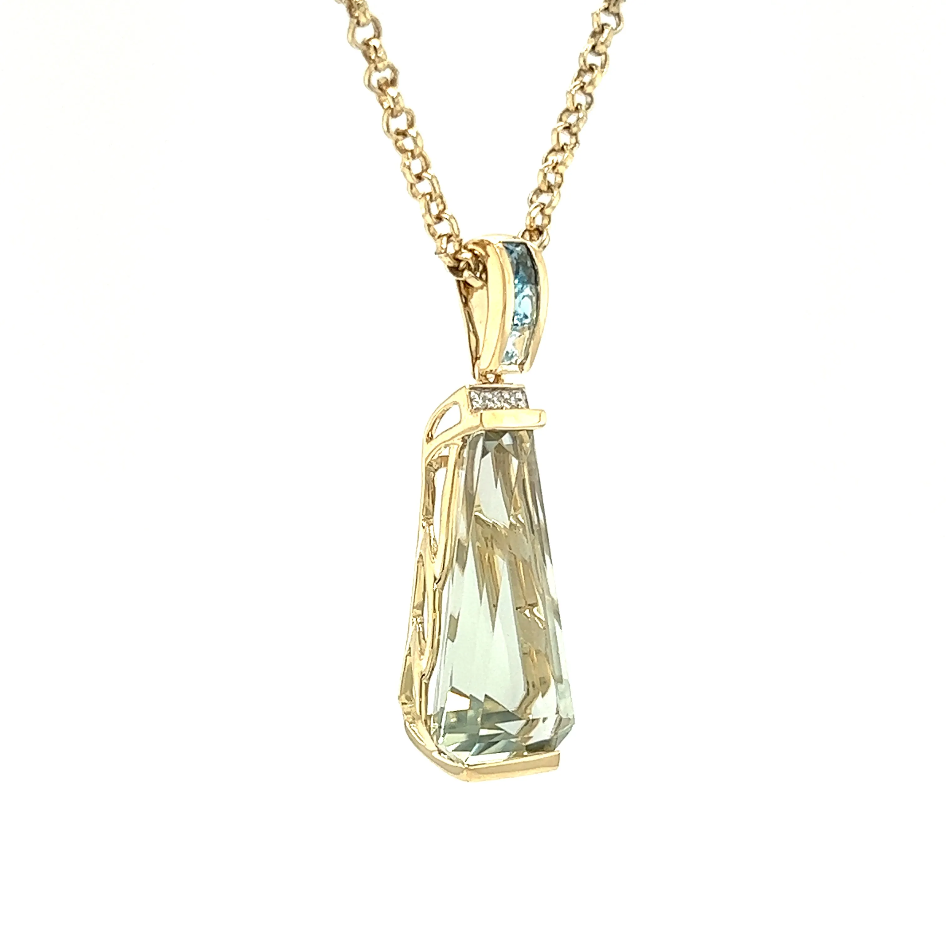 Green Amethyst Pendant with Blue Topaz and Diamond Accents in 14K Yellow Gold