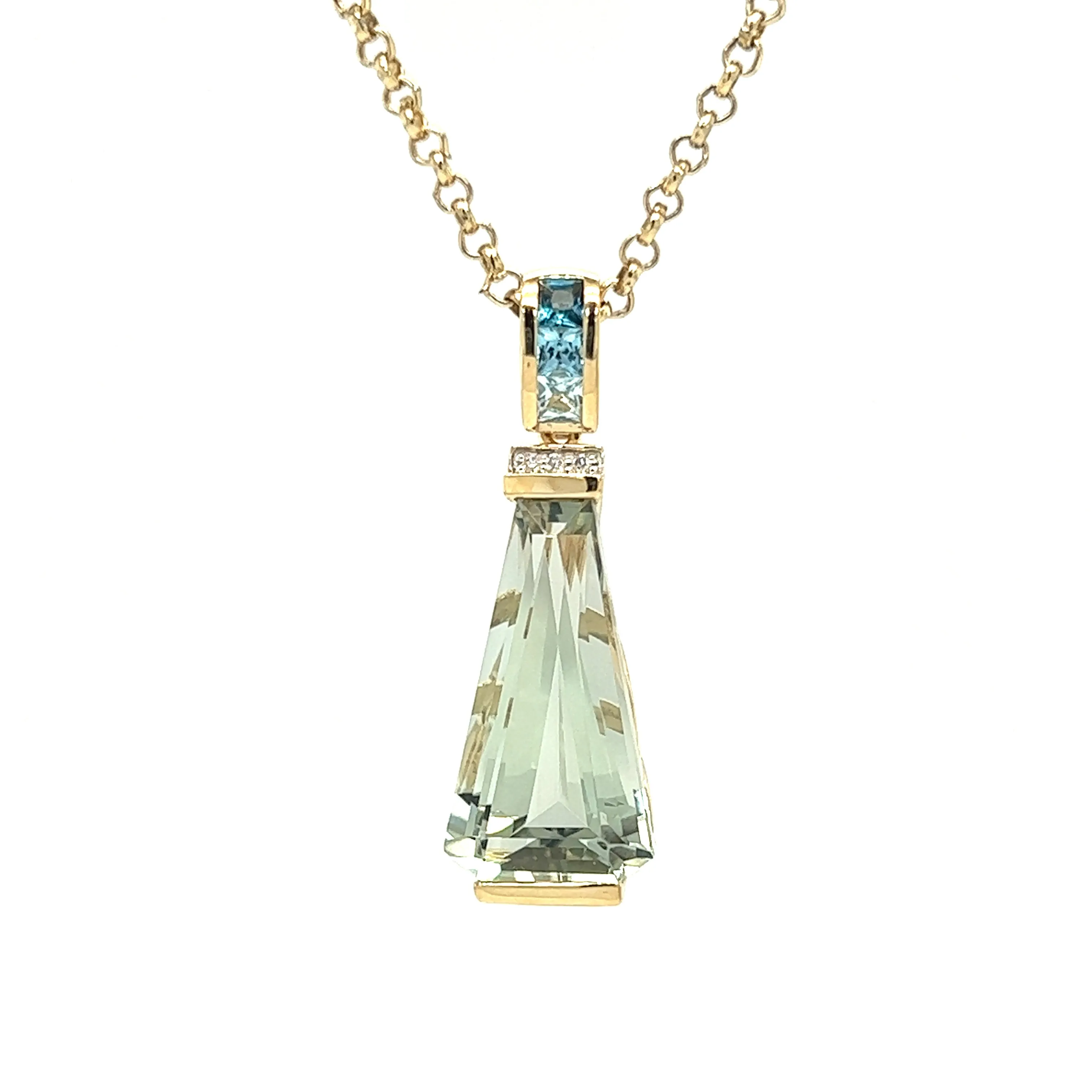 Green Amethyst Pendant with Blue Topaz and Diamond Accents in 14K Yellow Gold
