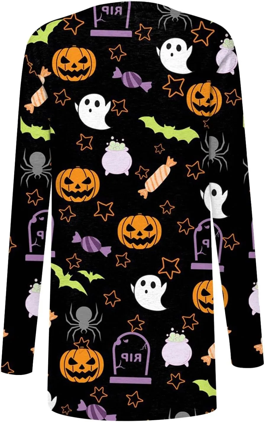 Halloween Cardigan Lightweight Long Sleeve Open Front Halloween Printed Oversized Cardigans for Women Fall Cardigan