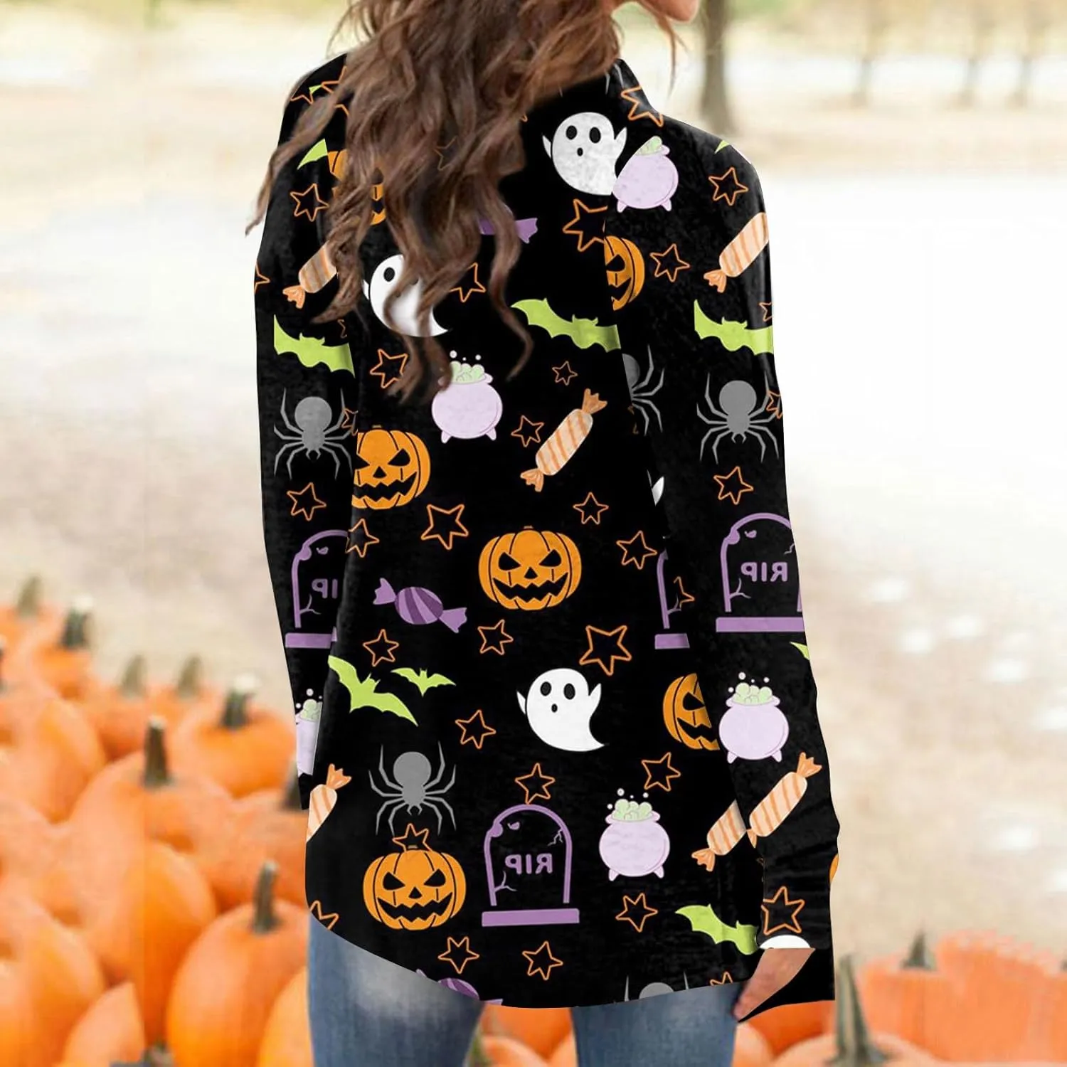 Halloween Cardigan Lightweight Long Sleeve Open Front Halloween Printed Oversized Cardigans for Women Fall Cardigan
