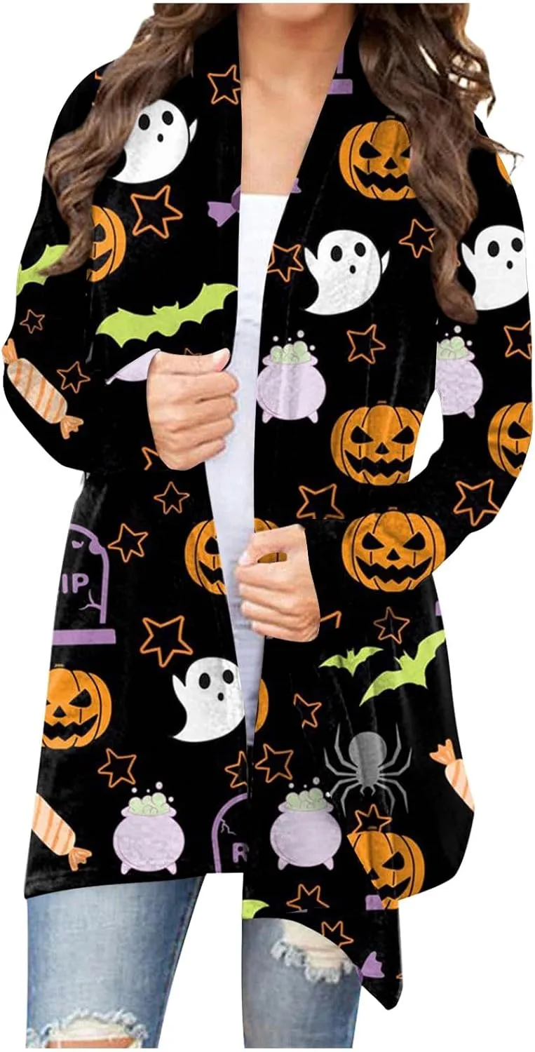 Halloween Cardigan Lightweight Long Sleeve Open Front Halloween Printed Oversized Cardigans for Women Fall Cardigan