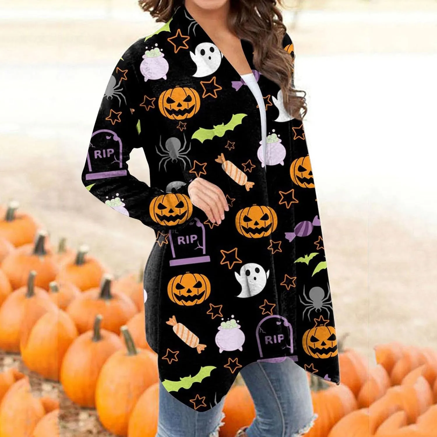 Halloween Cardigan Lightweight Long Sleeve Open Front Halloween Printed Oversized Cardigans for Women Fall Cardigan