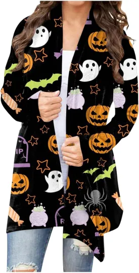 Halloween Cardigan Lightweight Long Sleeve Open Front Halloween Printed Oversized Cardigans for Women Fall Cardigan