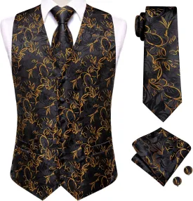 Hi-Tie Mens Suit Vest Tie set Classic Waistcoat and Necktie Handkerchief Cufflinks Suit Wedding Party