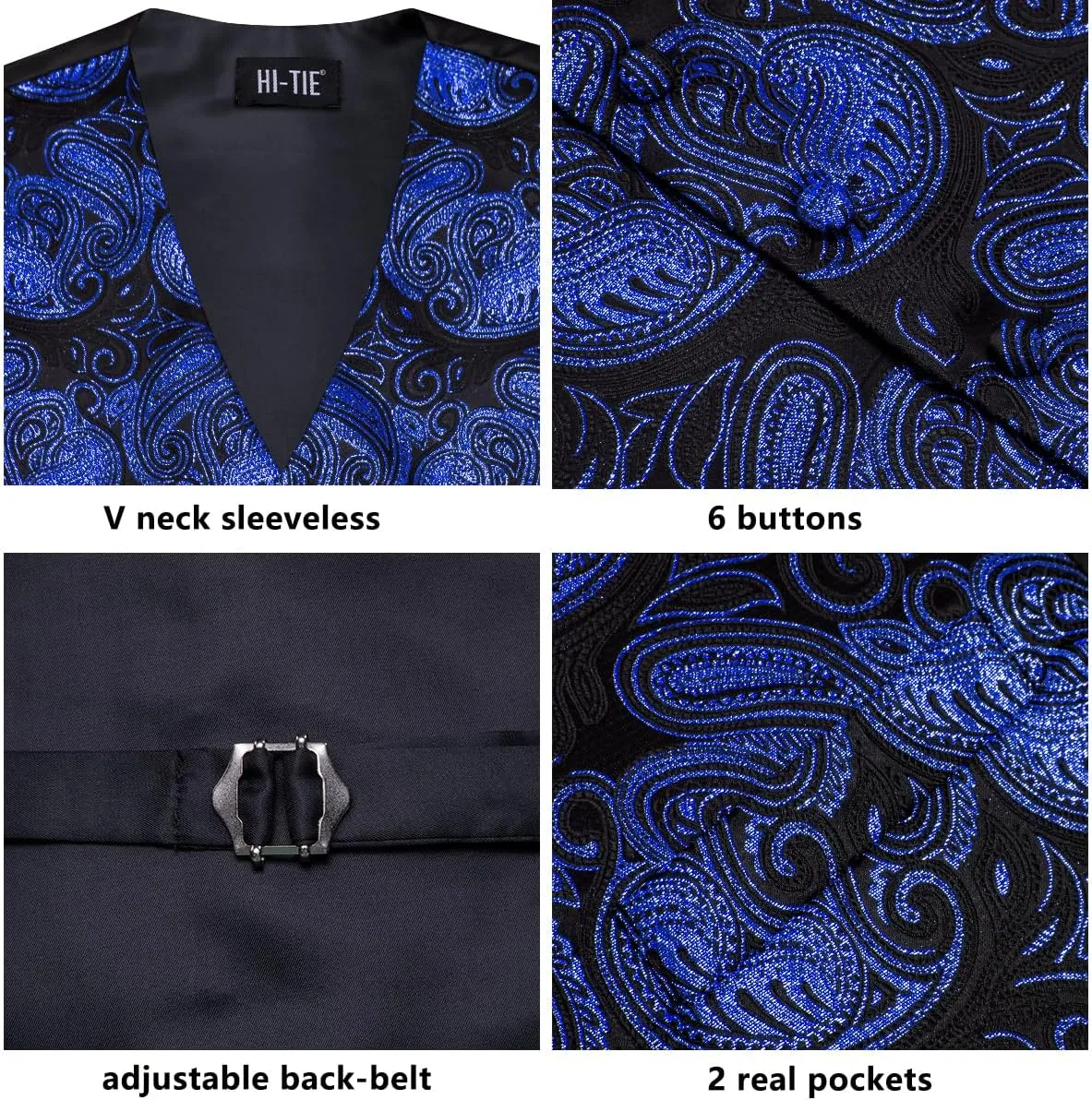 Hi-Tie Mens Suit Vest Tie set Classic Waistcoat and Necktie Handkerchief Cufflinks Suit Wedding Party