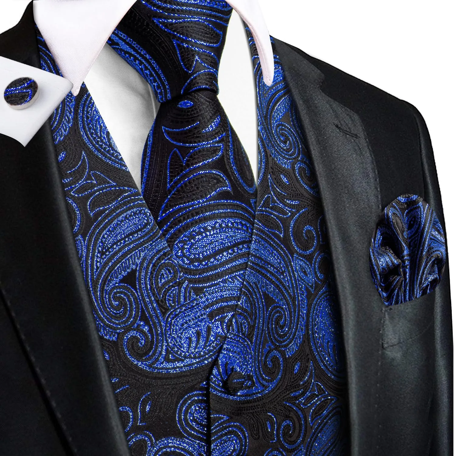 Hi-Tie Mens Suit Vest Tie set Classic Waistcoat and Necktie Handkerchief Cufflinks Suit Wedding Party