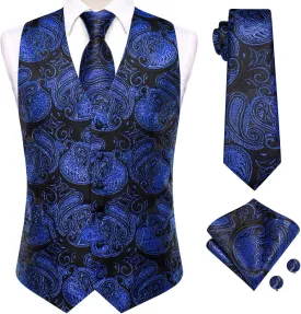 Hi-Tie Mens Suit Vest Tie set Classic Waistcoat and Necktie Handkerchief Cufflinks Suit Wedding Party