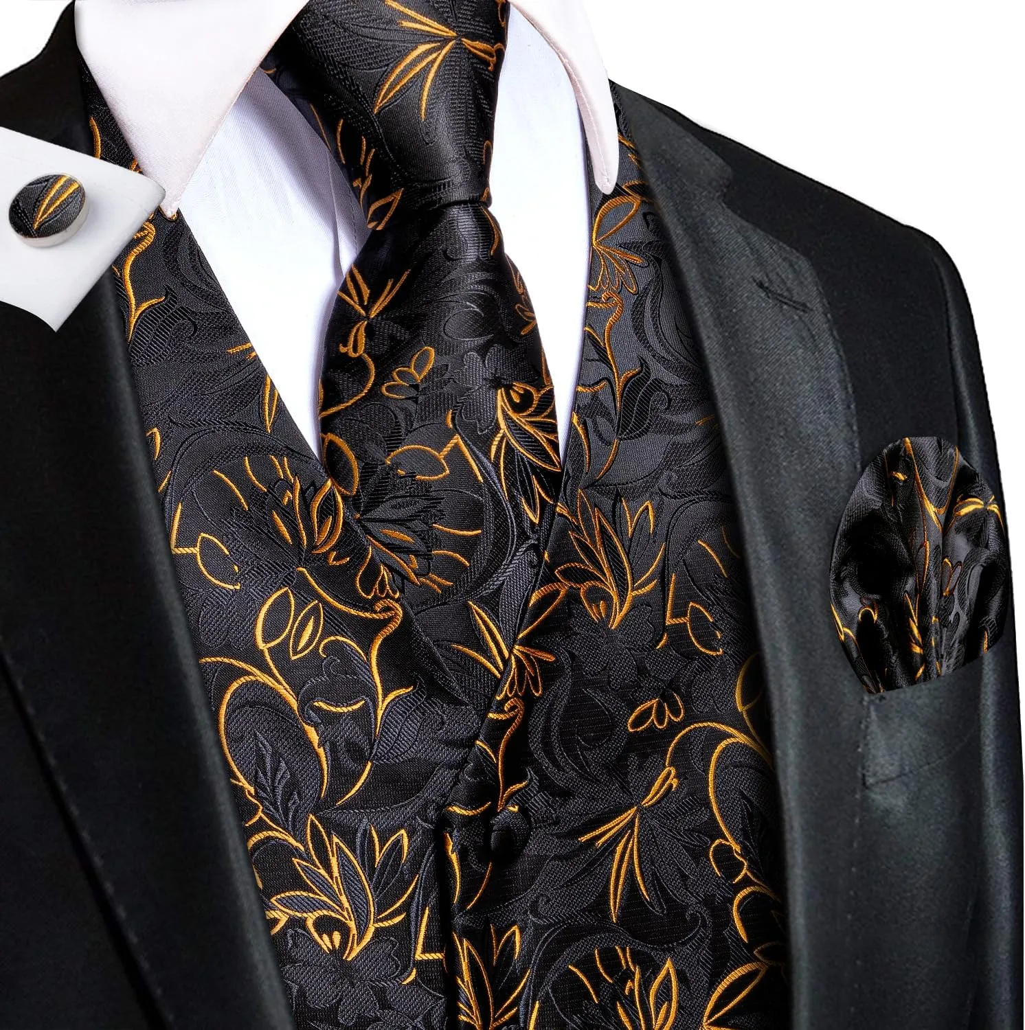 Hi-Tie Mens Suit Vest Tie set Classic Waistcoat and Necktie Handkerchief Cufflinks Suit Wedding Party