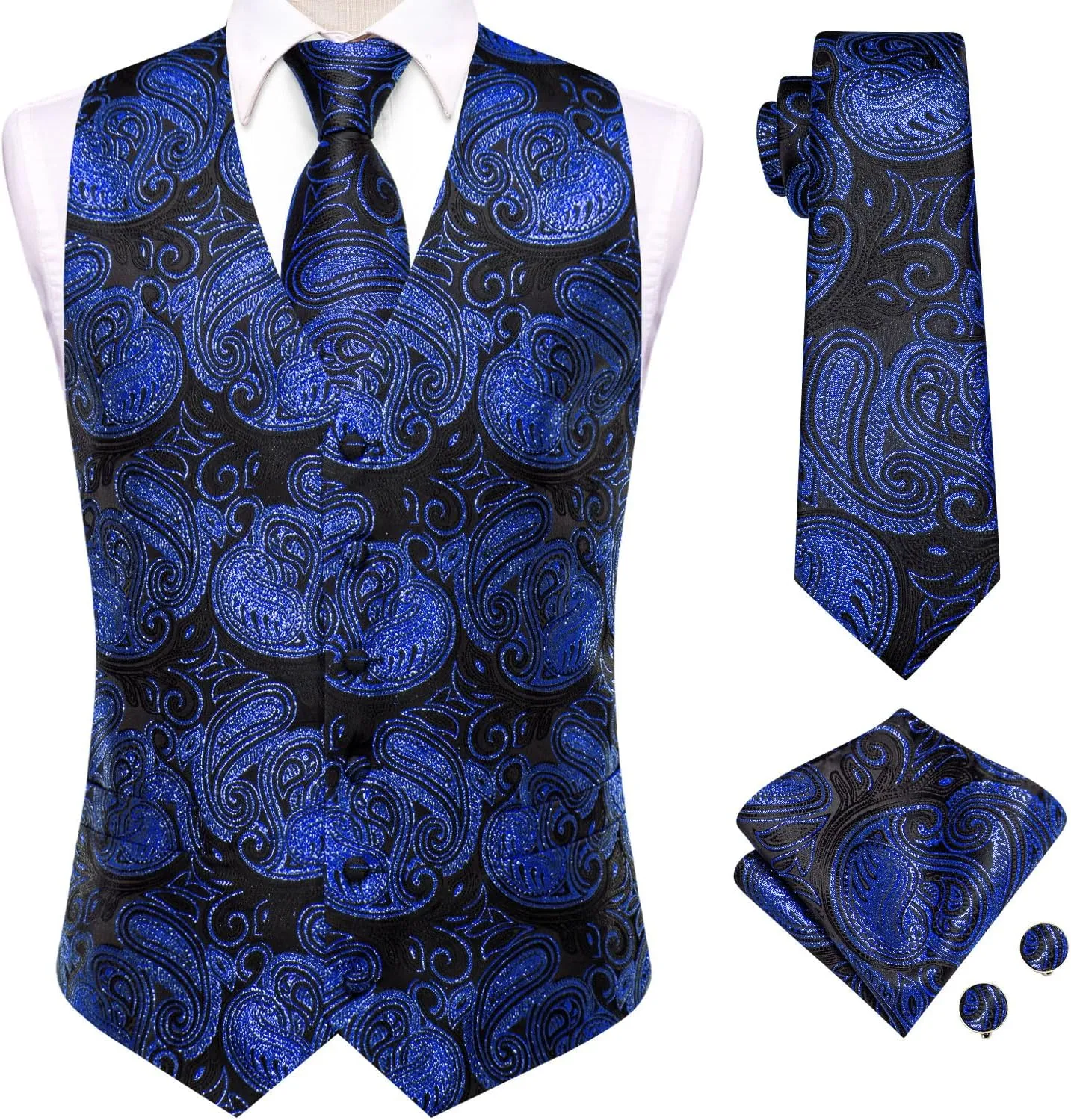 Hi-Tie Mens Suit Vest Tie set Classic Waistcoat and Necktie Handkerchief Cufflinks Suit Wedding Party