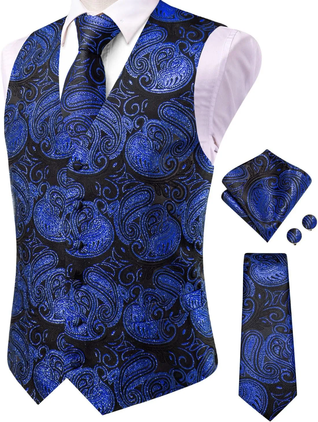 Hi-Tie Mens Suit Vest Tie set Classic Waistcoat and Necktie Handkerchief Cufflinks Suit Wedding Party