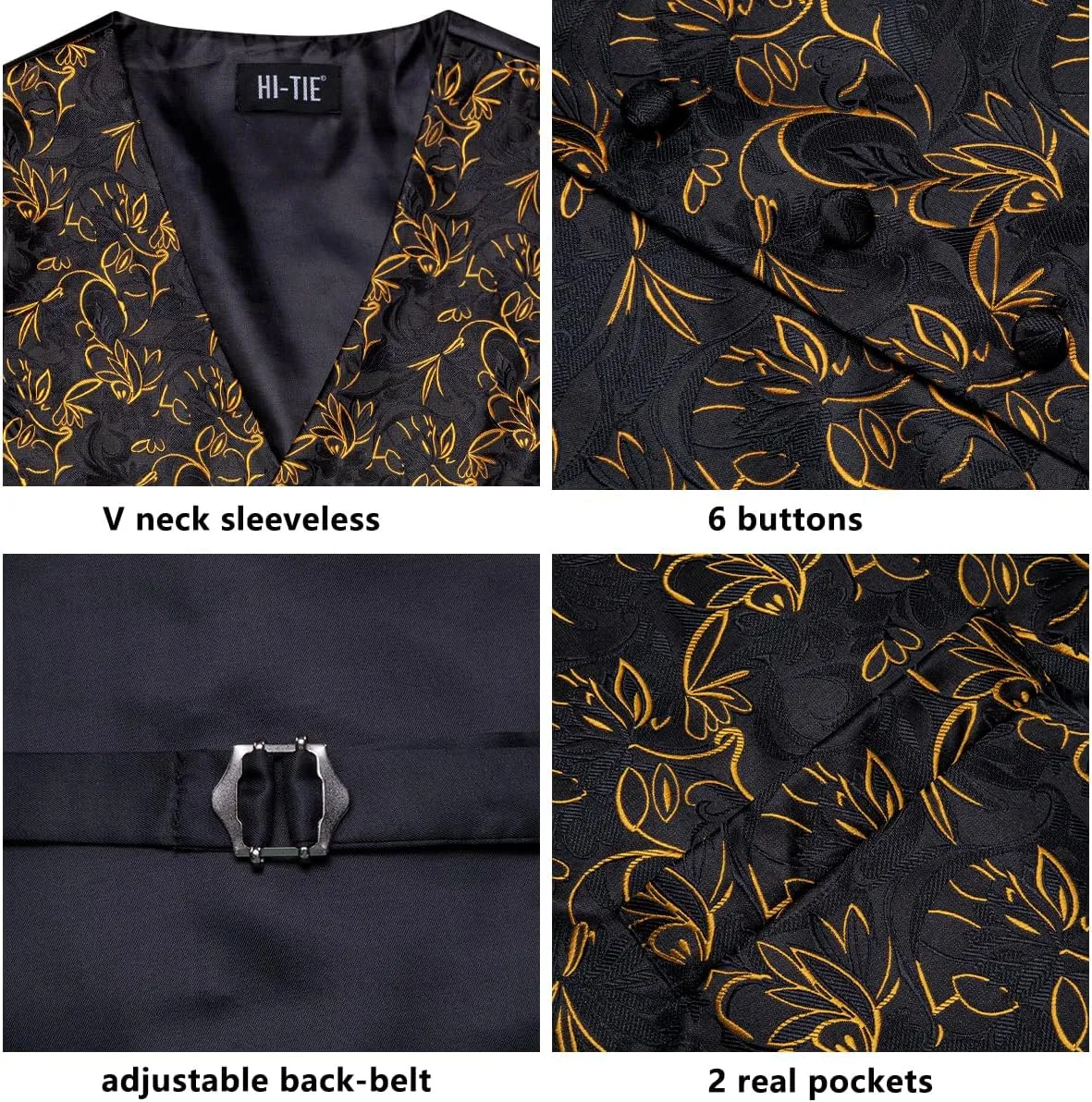 Hi-Tie Mens Suit Vest Tie set Classic Waistcoat and Necktie Handkerchief Cufflinks Suit Wedding Party