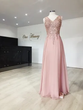 Honey Couture ALICIA Lace Beaded Applique Bodice Chiffon Skirt Formal Dress